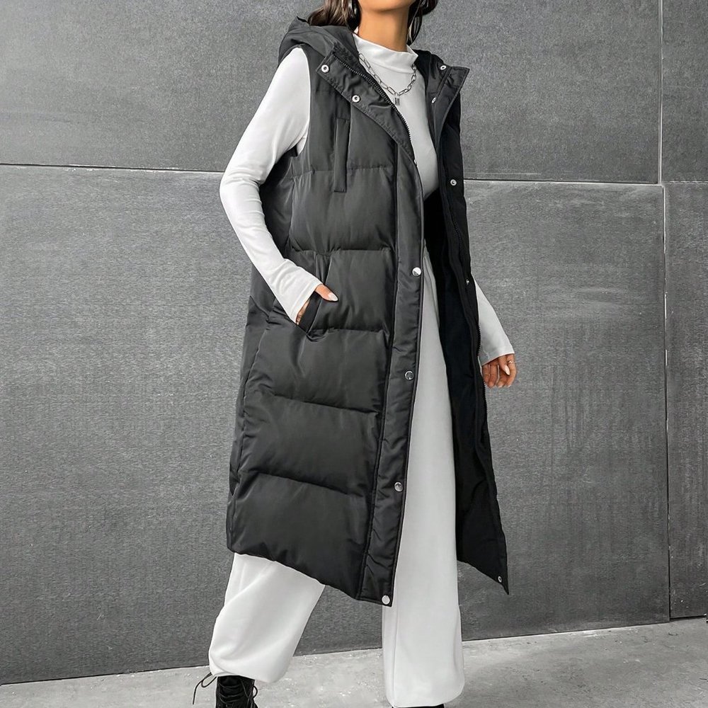 Black Preppy Womens Zip Up Snap Button Drawstring Hooded Puffer Vest Coat - Picture 3 of 6